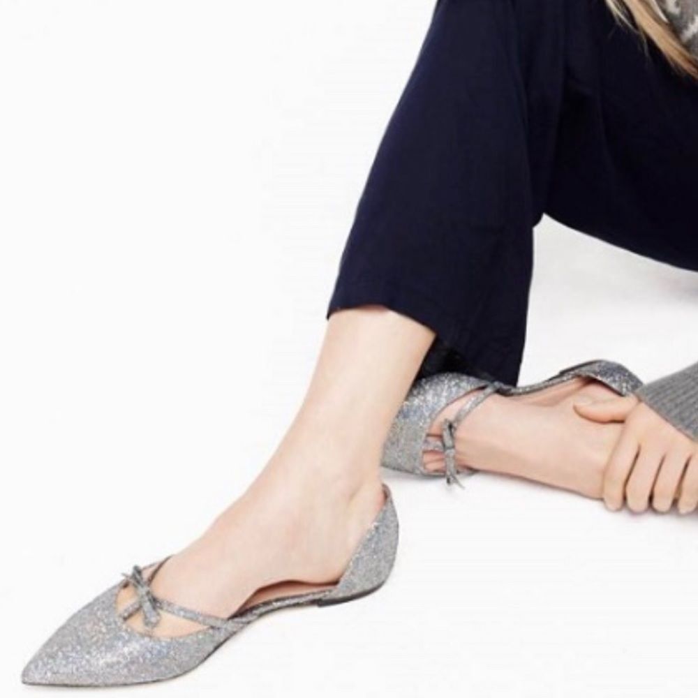 J Crew Sloan Glitter d'Orsay Flats Pointed Toe Flats Silver T Strap Ballet Shoes